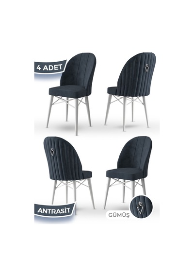 Canisa Ritim Serisi 4 Adet Antrasit Sandalye 1.sınıf Babyface Ithal Kumaş Beyaz Gürgen Ayak Gümüş Halkalı Sandalye Antrasit Ayakları Beyaz
