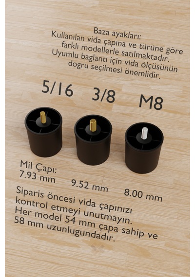 Siyah 6 Cm M8 Vidalı Plastik Baza Ayağı 4 Lü Set Kanepe Koltuk Yatak Mobilya Ayağı Siyah Diğer
