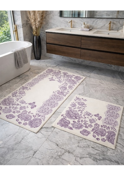 Cotton Soft -lila Beyaz- 2li Banyo Seti, Paspas Takımı Lila - Beyaz