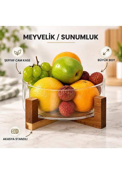 Akasya Standlı Cam Meyvelik Büyük Boy Şeffaf Meyve Ve Sunum Kasesi