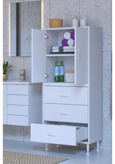 Eliusta Alia Çok Kullanışlı Dolap G:55 Cm Üst Bölme Kapaklı Alt Bölme Çekmeceli 55x138x32,5 Cm Modüler Dolap Beyaz