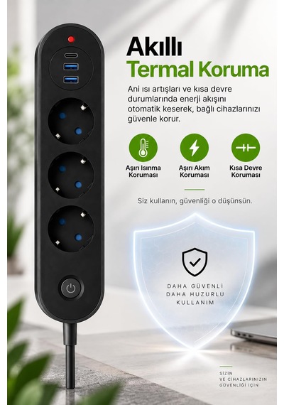 Robeve Blic Termal Akım Korumalı 3 Lü Priz 2500w 1 Usb-c + 2 Us