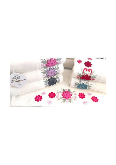 6.lı Set Annem 50x90 Cm. Özel Tafting Nakışlı Kadife Doku Çeyizlik Lüks Havlu Seti Beyaz Renkli