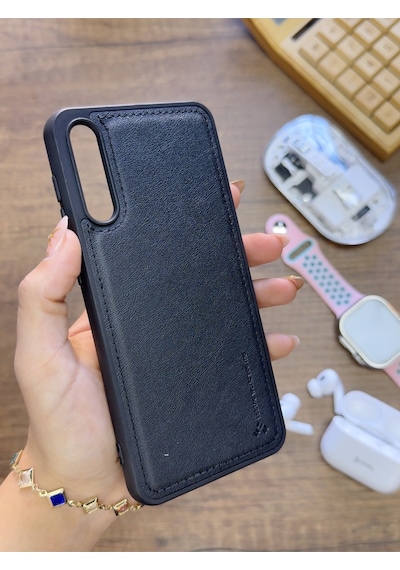 Samsung Galaxy A70 Uyumlu Premium Deri Dokulu Darbelere Karşı Dayanıklı Nazal Silikon Kılıf Siyah