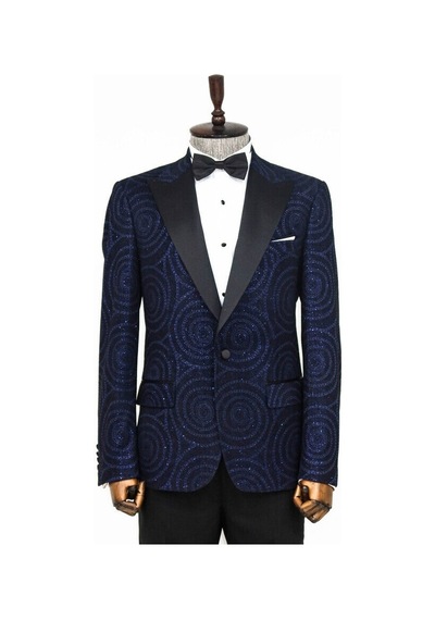 Wessi Hipnoz Desen Sivri Yaka Slim Fit Lacivert Erkek Smokin Ceket Lacivert