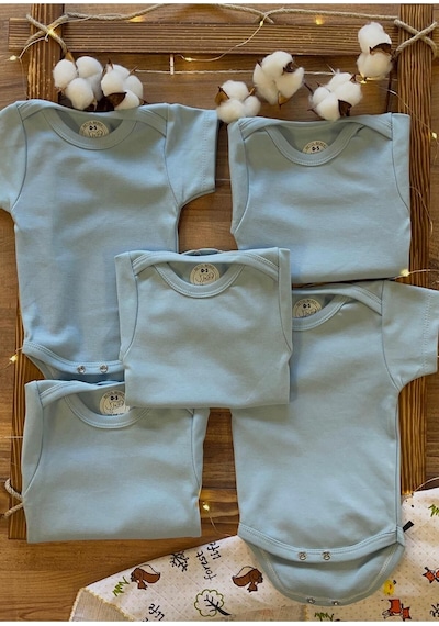 Betül Bebek Kısa Kollu 5'li Organik Pamuk Çıtçıtlı Bebek Body&zıbın 5adet Mavi
