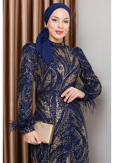 Olcay Kolu Tüy Detaylı Boncuk Ve Pul İşlemeli Exclusive Tesettür Abiye Elbise Lacivert 1000-m Olcay Kolu Tüy Detaylı Boncuk Ve Pul İşlemeli Exclusive Tesettür Abiye Elbise Lacivert 1000-m