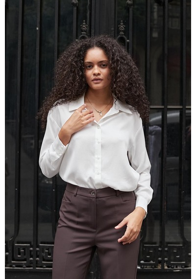 Jument Kadın Pamuksu Modal Cupra Kumaş Yakalı Yanları Yırtmaçlı Uzun Kol Gömlek-krem Krem