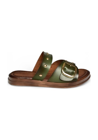 Fox Shoes Y390450703 Yeşil Hakiki Deri Zımba Detaylı Kadın Terlik Yeşil