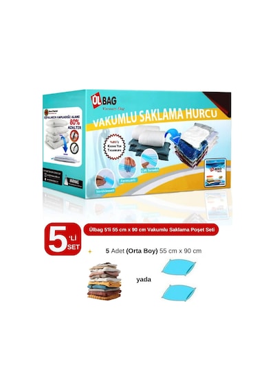 5'li Vakumlu Poşet Seti Orta Boy 55 Cm X 90 Cm Yastık, Elbise Ve Battaniye Vakumlu Hurç Şeffaf