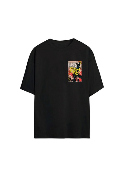Thewert Unisex Ateş Metni Çizgi Roman Baskılı Siyah Oversize Tshirt