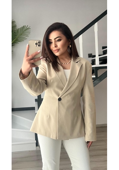 Bej Volanlı Bel Oturtmalı Blazer Ceket Bej