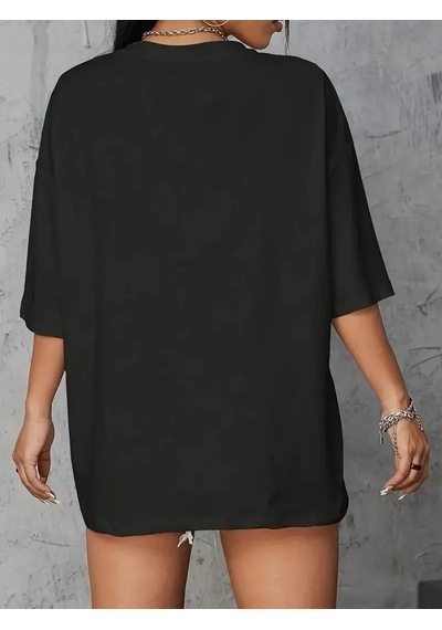 Kadın Brooklyn Baskılı Tişört Kısa Kol Bisiklet Yaka Oversize T-shirt - Siyah