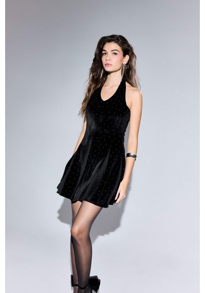 Defacto Halter Yaka Taşlı Kadife Mini Elbise G5952ax25wnbk81 Siyah-bk81