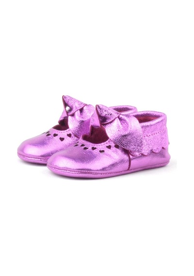 Hapshoe Kids Hakiki Deri Fuşya Fiyonklu Lastikli Bebek Patik Pembe