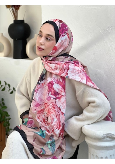 Moda Kaşmir Açelya Desen Çizgili Bambu Şal Siyah-vizon