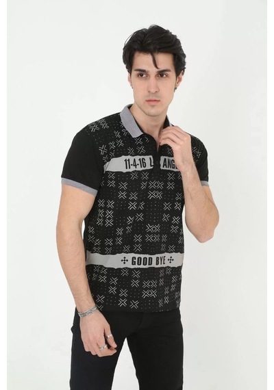 Erkek Yakalı Slim Fit Baskılı T-shirt - Siyah 001