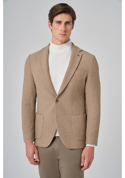 Morven Erkek Bej Poliviskon Trend Desenli Slim Fit Mono Yaka Dokuma Ceket 26ks002001653 Bej