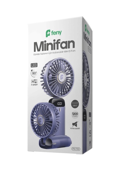 Feny Fn-f30, Mavi, 3 Kademeli Hız, Katlanabilir Gövde, Lcd Gösterge, Elde Kullanım, Dahili 1200mah Bataryalı, Type-c Şarj Girişli, Vantilatör