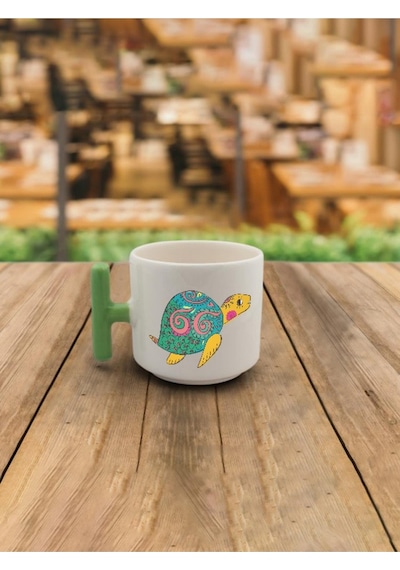 Latte Fincanı Su Kaplumbağası Baskılı Yeşil Kulplu T Kupa