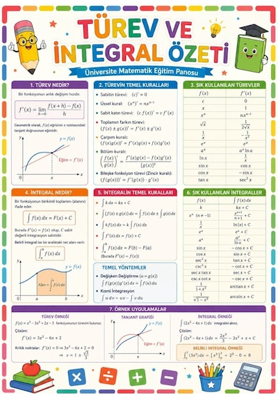 Türev Ve İntegral Özeti Üniversite Matematik Eğitim Afişi 50x70 Cm Tüm Yaşlar