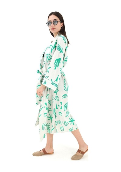 Wpr Baskılı Keten Kimono - Yeşil-yeşil Yeşil
