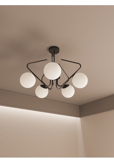 Lunor Siyah Kasa Beyaz Cam Küre Başlıklı Modern 5'li Avize