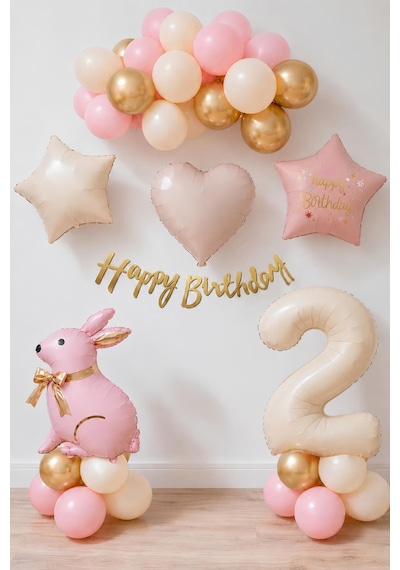 Pembe Tavşanlı 2 Yaş Doğum Günü Balon Seti