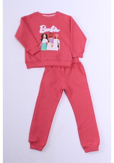 Kız Çocuk Eşofman Takımı Barbie Baskılı Pul Payetli A59 Gülkurusu