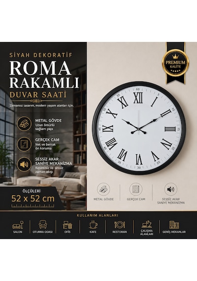 Siyah Dekoratif Roma Rakamlı 52 X 52 Cm Duvar Saati