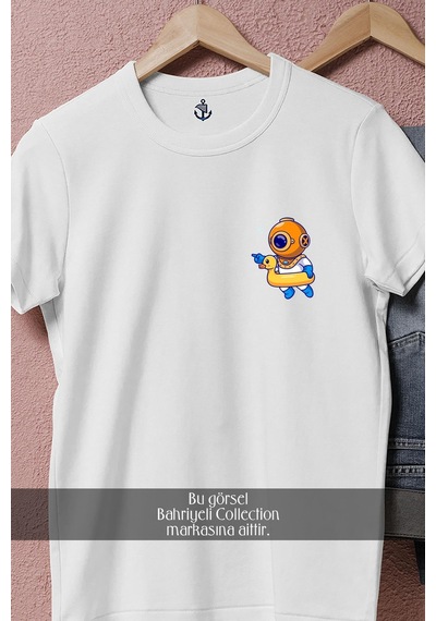 Oversize Ördek Can Simidi Ve Mini Dalgıç Cep Tasarımlı Unisex T-shirt Beyaz