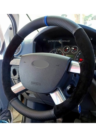 Ford Connect Uyumlu Alkantra-karbon Mavi Yüzüklü Direksiyon Kılıf