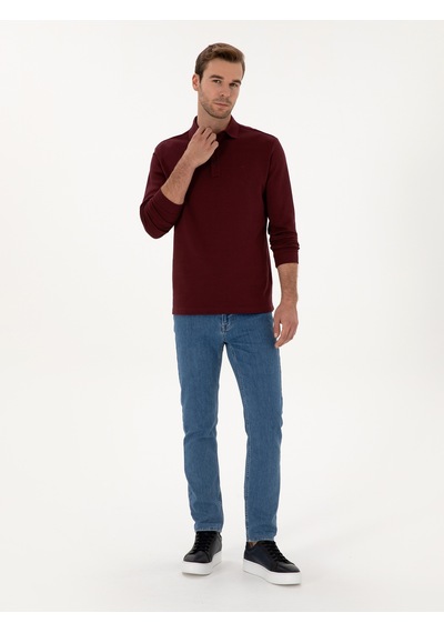 Bordo Regular Fit %100 Pamuk 3 İplik Polo Yaka Sweatshirt Kırmızı