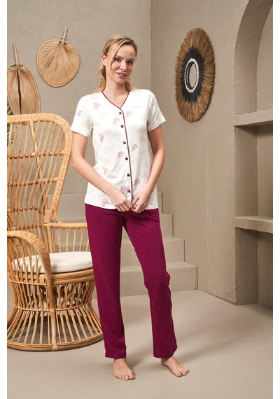 Pjs 25144 Kadın V Yaka Düğmeli Baskılı Kısa Kollu Pijama Takım 001