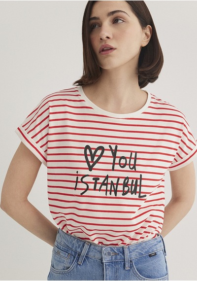 Mavi - Love You Baskılı Çizgili Istanbul Tişört 167986-26829 Beyaz