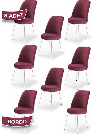 Canisa Concept Dexa Serisi, Üst Kalite Yemek Odası Sandalyesi, Metal Beyaz Iskeletli, 8 Adet Bordo Bordo, Metal
