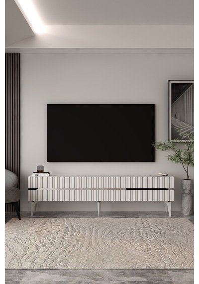 180dhdts5bg Tedy 3 Kapaklı Pleksi Lazer Desen Tv Sehpası Beyaz - Gümüş