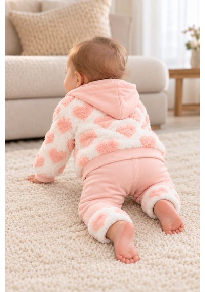 Ahengim Kız Bebek 3 Parça Takım Kapüşonlu Peluş Ceket Ayıcık Nakışlı Üst Ve Pantolon Ak2482 Pudra
