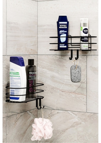 Bino 4 Askılı Şampuanlık Sabunluk Banyo Düzenleyici Duş Rafı Paslanmaz Organizer 2'li Set Siyah