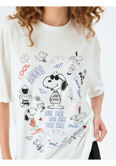 Koton Snoopy Lisanslı Kısa Kollu Bisiklet Yaka Baskılı Tişört Ekru 5sal10264ık Ekru
