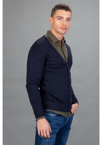 Tudors Slim Fit Dar Kesim Düğmeli Düz Pamuk Erkek Hırka-12703 Lacivert
