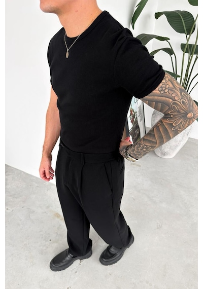 Siyah Basic Fitilli Relax Fit Tişört