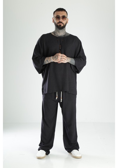Oversize Siyah Keten Takım Coc3211