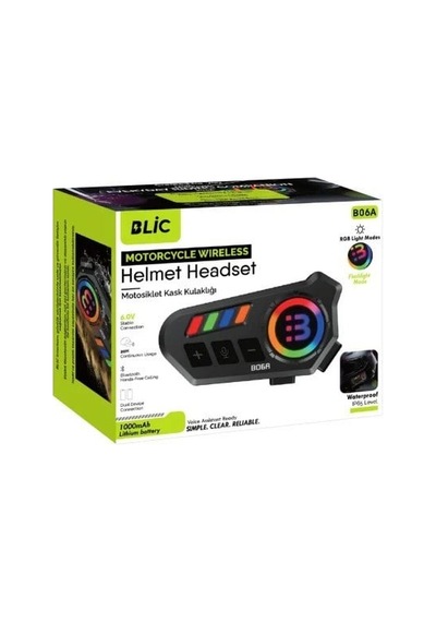 Blic B06a Motosiklet Kask İnterkom 2 Cihaz Eşleşmeli, 1000mah Batarya, 20 Saat Görüşme, Rgb Işıklı, Ip65