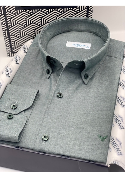 Slim Fit Uzun Kol Pamuklu Hediye Kutulu Kolay Ütülenebilir Erkek Gömlek Fs-002225 - Yeşil-2662
