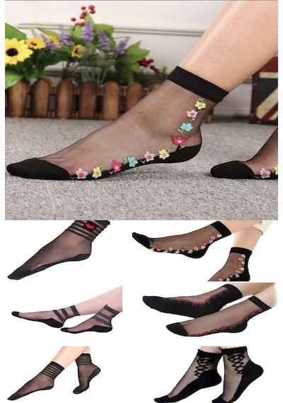 Ozzy Socks 6 Çift Kadın Siyah Desenli Tül Çorap Şık Ve Zarif Günlük Tasarımlı Modern Modeller Gümüş