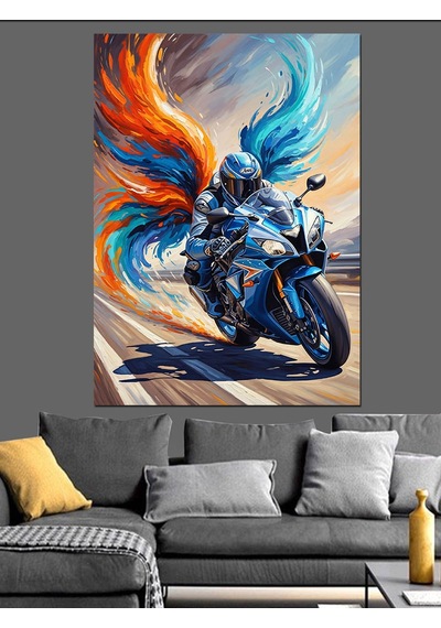 Ahşap Tablo Motosikletli Alevli Savaşçı Çizimi
