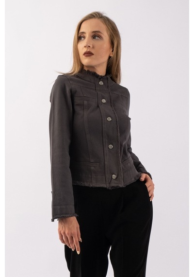 Bold & Young Kadın Yağ Yeşili Power Strech Çıt Çıtlı Slim Fit Denim Ceket Antrasit