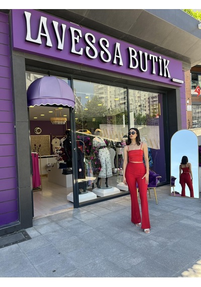 Lavessa Büzgülü İp Askılı Kırmızı Crop-131 Kırmızı