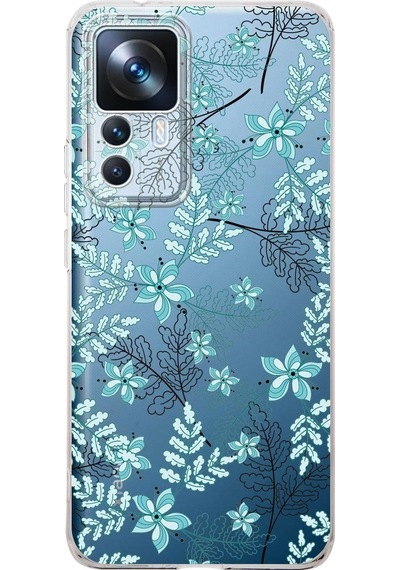 Xiaomi Mi 12t Kamera Korumalı Kapak Floral Su Yeşili Tasarımlı Şeffaf Kılıf